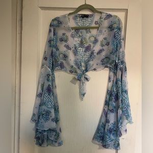 Wonder Woman cropped sheer top with beautifully huge bell sleeves